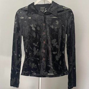 Floral pattern, sheer and velvet long sleeve black top